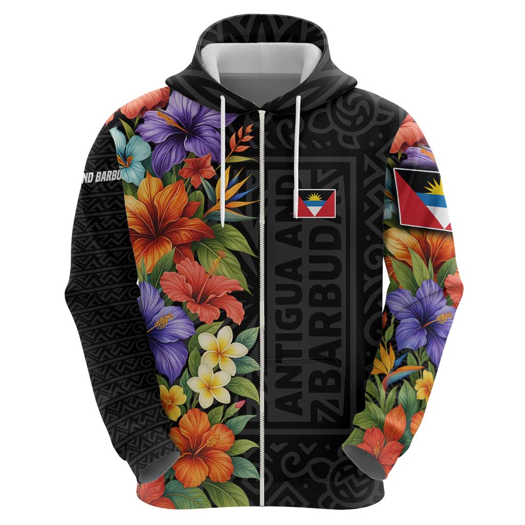 Antigua and Barbuda Floral Zip Hoodie with Tropical Hibiscus with National Flag - Wonder Print Shop