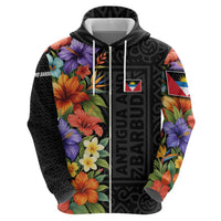 Antigua and Barbuda Floral Zip Hoodie with Tropical Hibiscus with National Flag - Wonder Print Shop