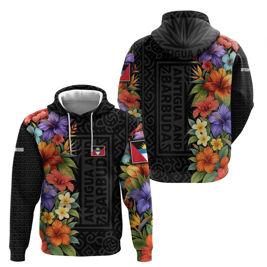 Antigua and Barbuda Floral Zip Hoodie with Tropical Hibiscus with National Flag - Wonder Print Shop