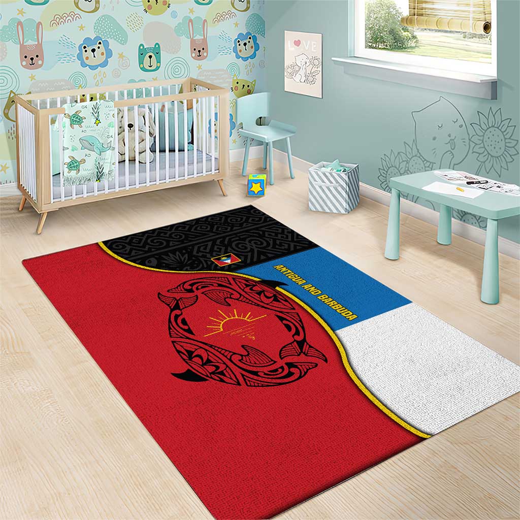 Antigua and Barbuda Tribal Area Rug with Polynesian Dolphin Sun Design with National Flag Colors - Wonder Print Shop