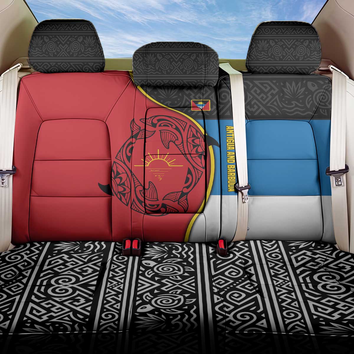 Antigua and Barbuda Tribal Back Car Seat Cover with Polynesian Dolphin Sun Design with National Flag Colors - Wonder Print Shop