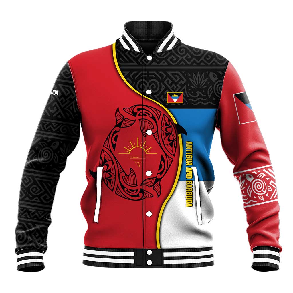 Antigua and Barbuda Tribal Baseball Jacket with Polynesian Dolphin Sun Design with National Flag Colors - Wonder Print Shop