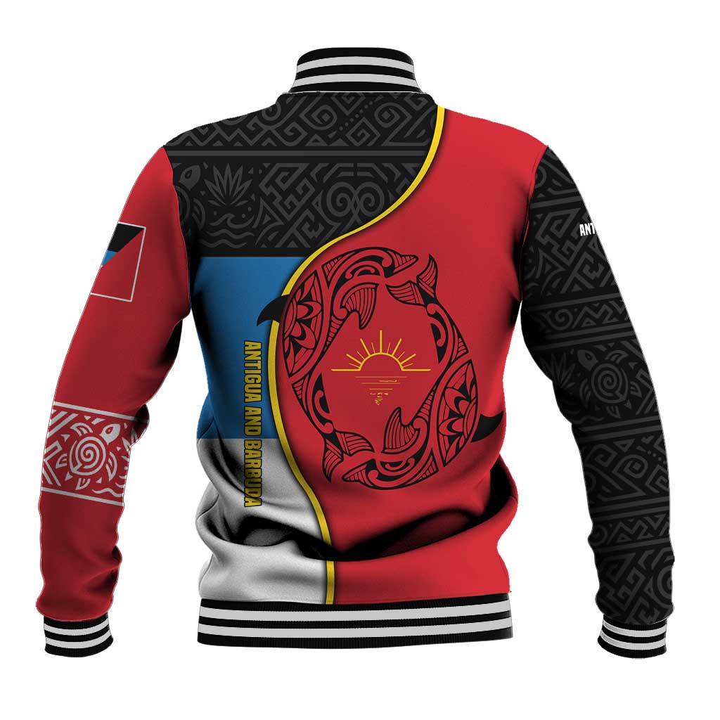 Antigua and Barbuda Tribal Baseball Jacket with Polynesian Dolphin Sun Design with National Flag Colors - Wonder Print Shop