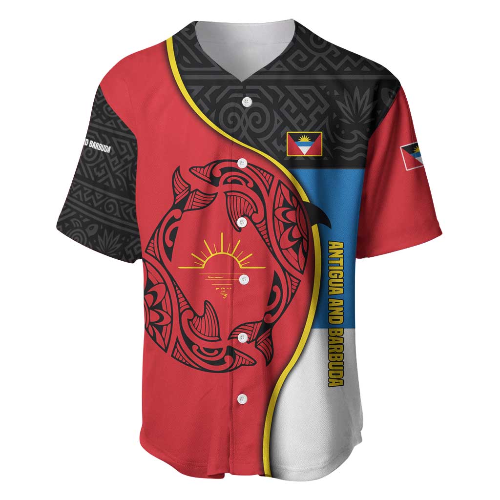 Antigua and Barbuda Tribal Baseball Jersey with Polynesian Dolphin Sun Design with National Flag Colors - Wonder Print Shop