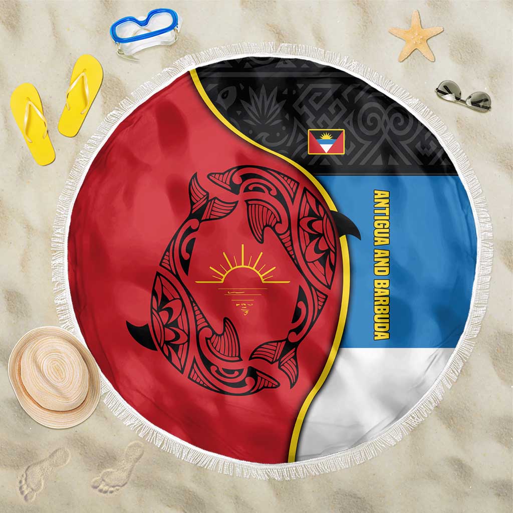 Antigua and Barbuda Tribal Beach Blanket with Polynesian Dolphin Sun Design with National Flag Colors - Wonder Print Shop