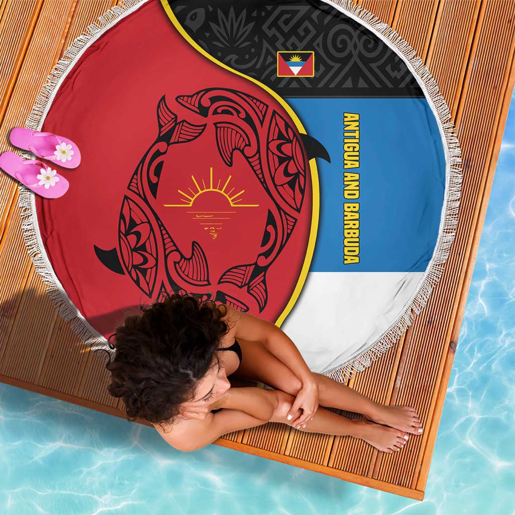 Antigua and Barbuda Tribal Beach Blanket with Polynesian Dolphin Sun Design with National Flag Colors - Wonder Print Shop