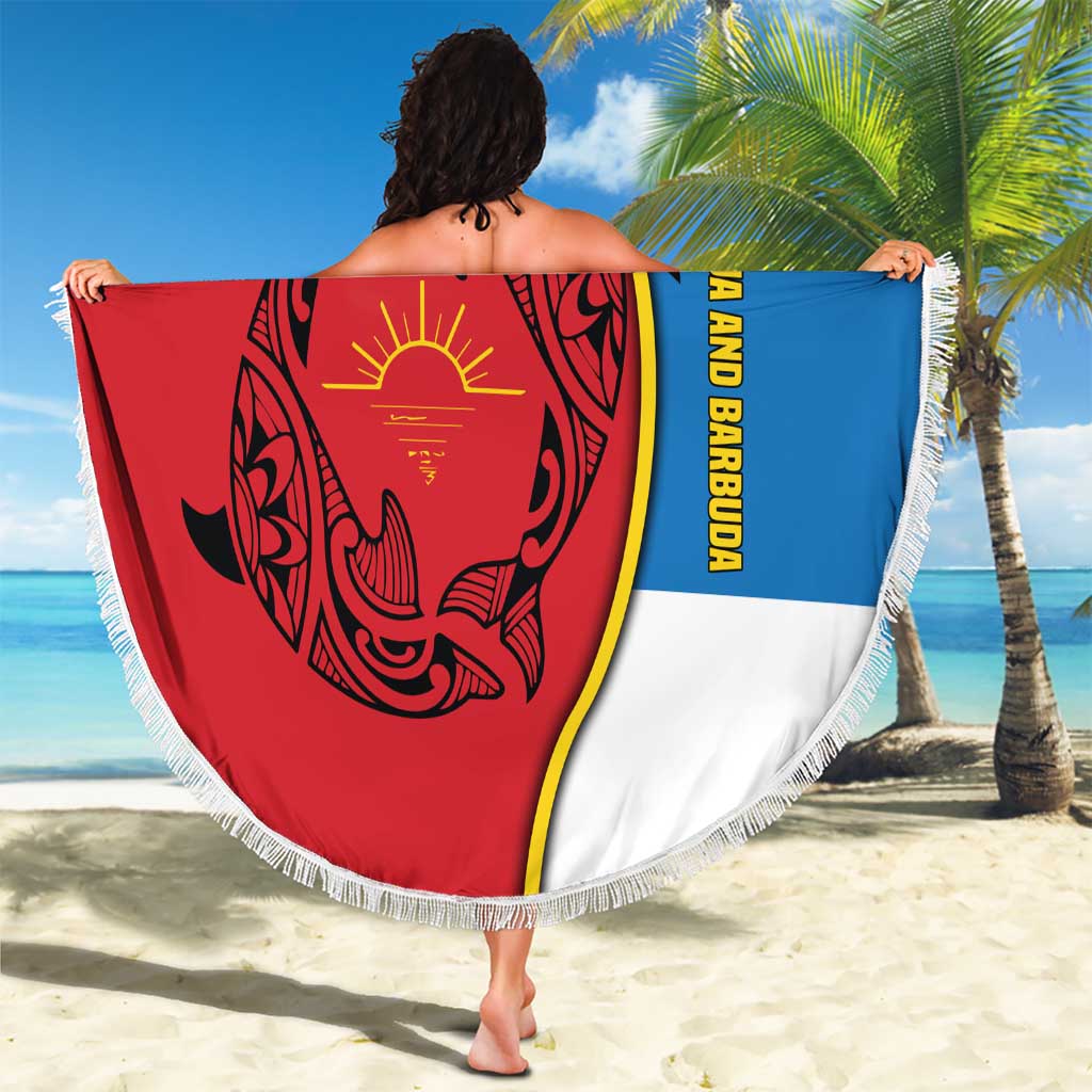 Antigua and Barbuda Tribal Beach Blanket with Polynesian Dolphin Sun Design with National Flag Colors - Wonder Print Shop