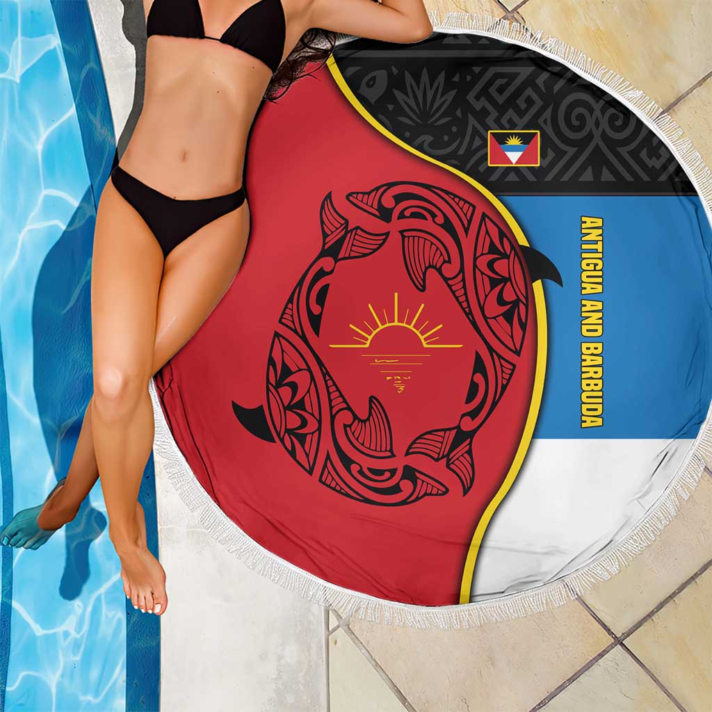 Antigua and Barbuda Tribal Beach Blanket with Polynesian Dolphin Sun Design with National Flag Colors - Wonder Print Shop