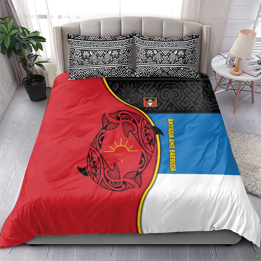 Antigua and Barbuda Tribal Bedding Set with Polynesian Dolphin Sun Design with National Flag Colors - Wonder Print Shop