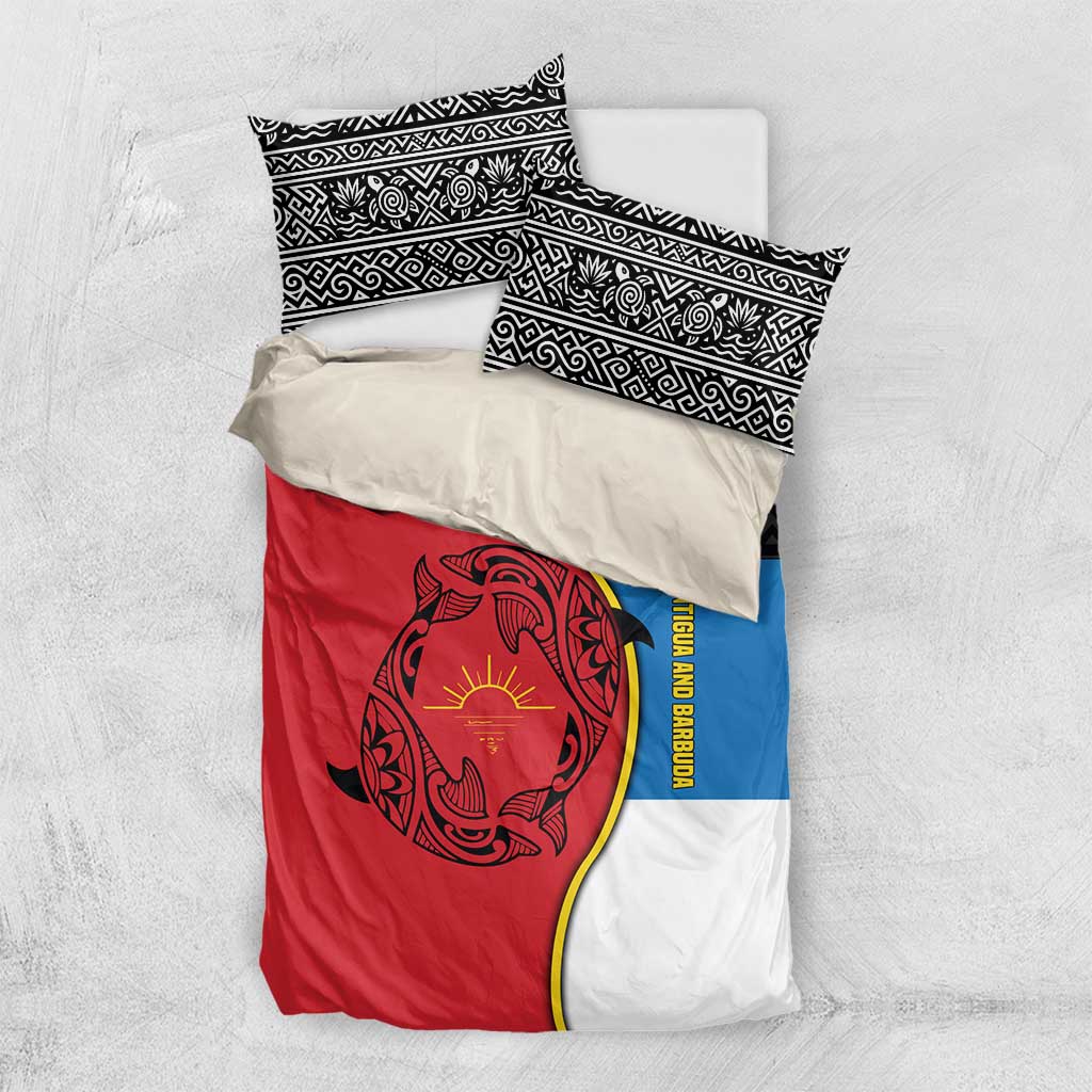 Antigua and Barbuda Tribal Bedding Set with Polynesian Dolphin Sun Design with National Flag Colors - Wonder Print Shop