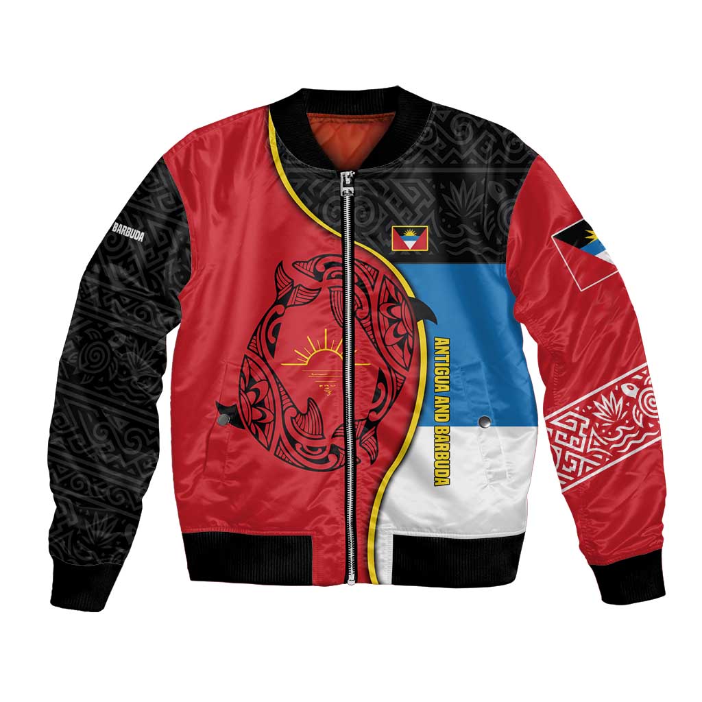 Antigua and Barbuda Tribal Bomber Jacket with Polynesian Dolphin Sun Design with National Flag Colors - Wonder Print Shop