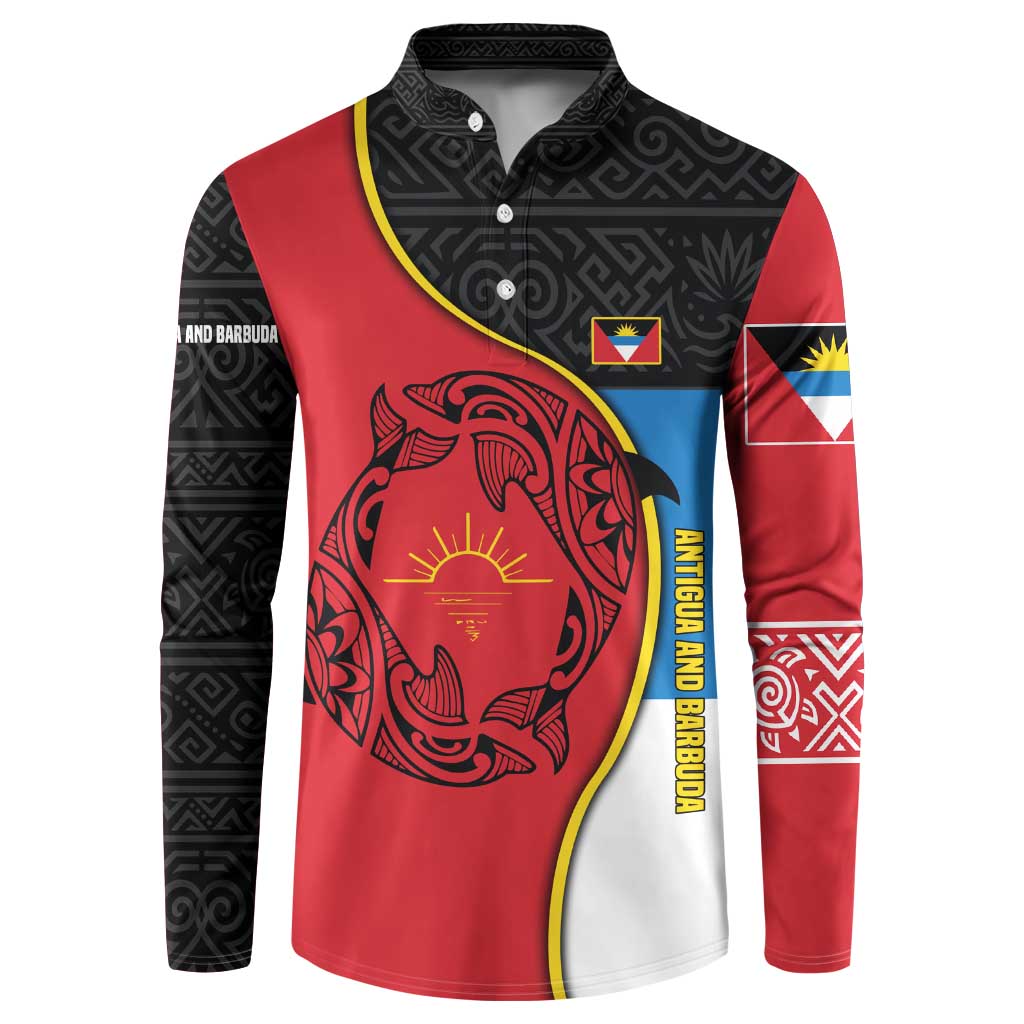 Antigua and Barbuda Tribal Button Sweatshirt with Polynesian Dolphin Sun Design with National Flag Colors - Wonder Print Shop