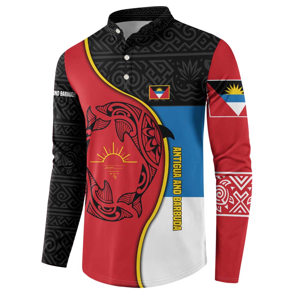 Antigua and Barbuda Tribal Button Sweatshirt with Polynesian Dolphin Sun Design with National Flag Colors - Wonder Print Shop