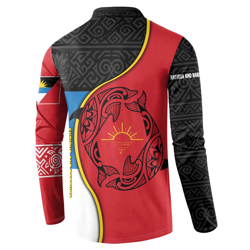 Antigua and Barbuda Tribal Button Sweatshirt with Polynesian Dolphin Sun Design with National Flag Colors - Wonder Print Shop