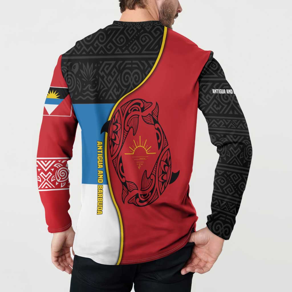 Antigua and Barbuda Tribal Button Sweatshirt with Polynesian Dolphin Sun Design with National Flag Colors - Wonder Print Shop