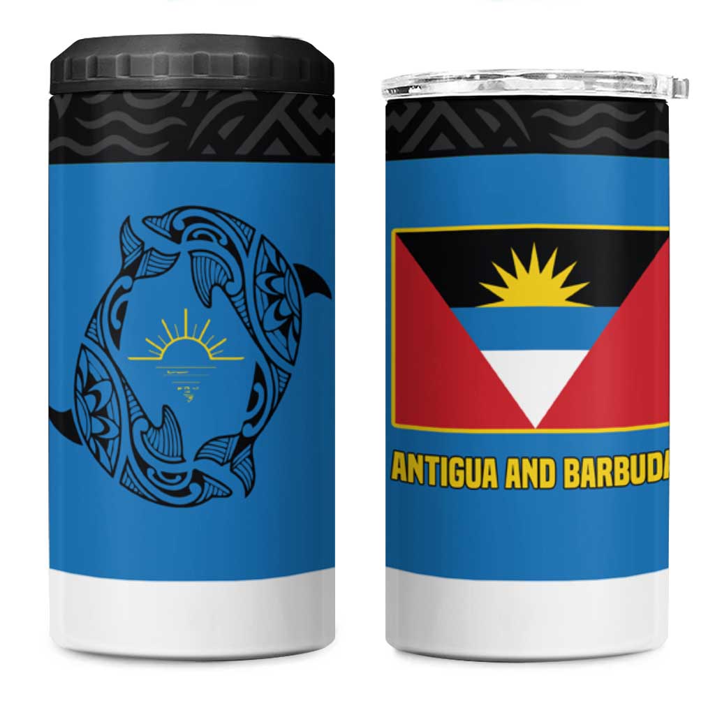Antigua and Barbuda Tribal 4 in 1 Can Cooler Tumbler with Polynesian Dolphin Sun Design with National Flag Colors - Wonder Print Shop