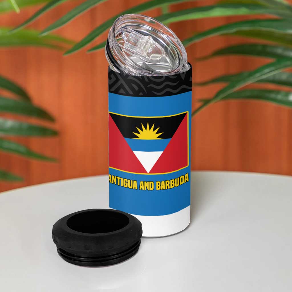 Antigua and Barbuda Tribal 4 in 1 Can Cooler Tumbler with Polynesian Dolphin Sun Design with National Flag Colors - Wonder Print Shop