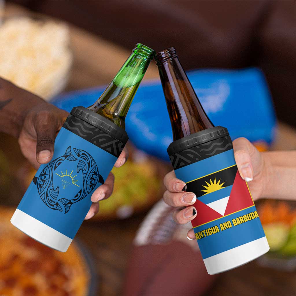 Antigua and Barbuda Tribal 4 in 1 Can Cooler Tumbler with Polynesian Dolphin Sun Design with National Flag Colors - Wonder Print Shop