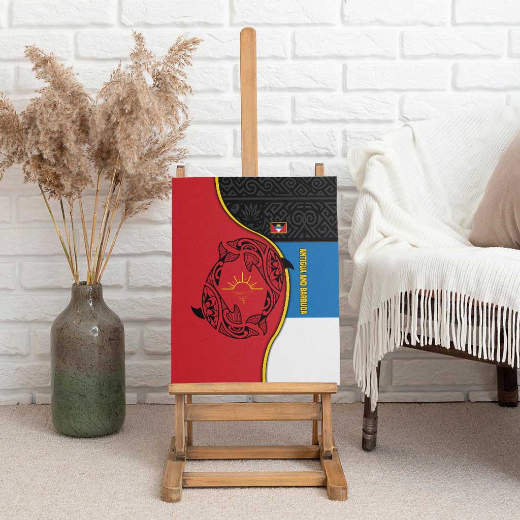 Antigua and Barbuda Tribal Canvas Wall Art with Polynesian Dolphin Sun Design with National Flag Colors - Wonder Print Shop