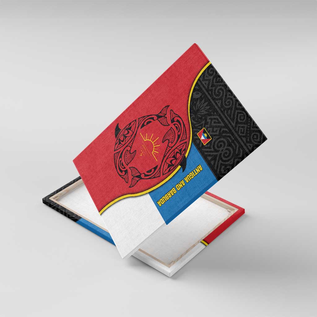 Antigua and Barbuda Tribal Canvas Wall Art with Polynesian Dolphin Sun Design with National Flag Colors - Wonder Print Shop