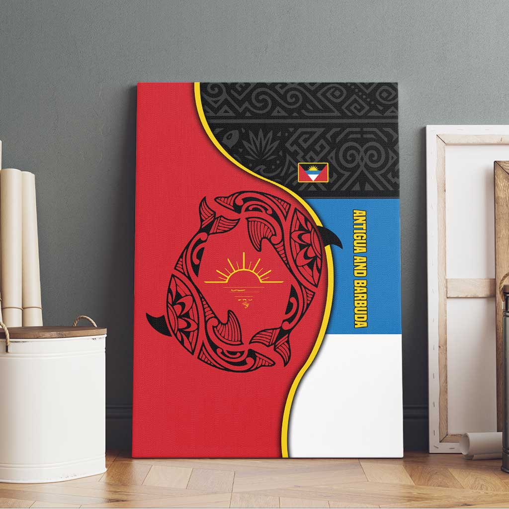 Antigua and Barbuda Tribal Canvas Wall Art with Polynesian Dolphin Sun Design with National Flag Colors - Wonder Print Shop