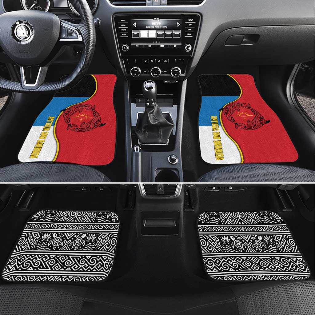 Antigua and Barbuda Tribal Car Mats with Polynesian Dolphin Sun Design with National Flag Colors - Wonder Print Shop