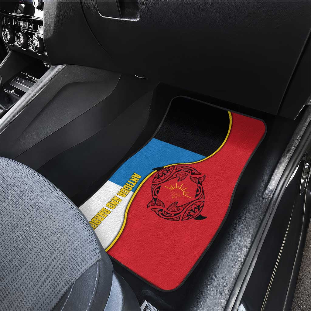 Antigua and Barbuda Tribal Car Mats with Polynesian Dolphin Sun Design with National Flag Colors - Wonder Print Shop