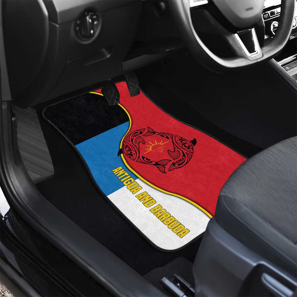 Antigua and Barbuda Tribal Car Mats with Polynesian Dolphin Sun Design with National Flag Colors - Wonder Print Shop
