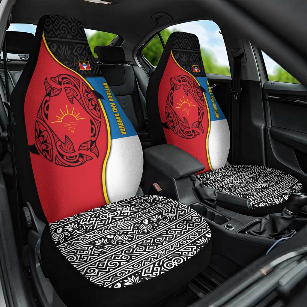 Antigua and Barbuda Tribal Car Seat Cover with Polynesian Dolphin Sun Design with National Flag Colors - Wonder Print Shop