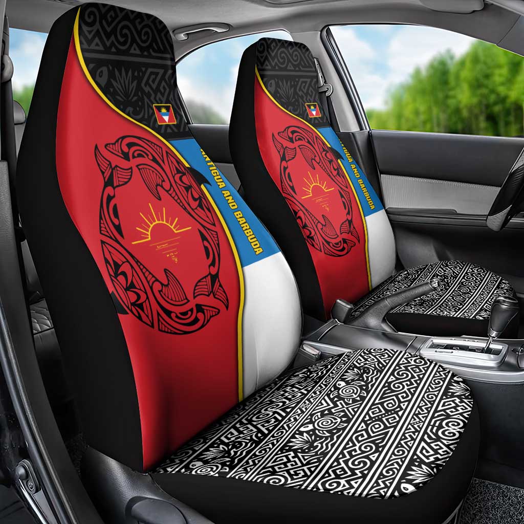 Antigua and Barbuda Tribal Car Seat Cover with Polynesian Dolphin Sun Design with National Flag Colors - Wonder Print Shop