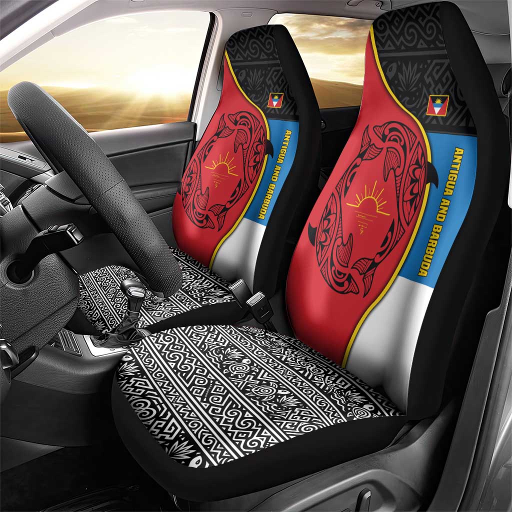Antigua and Barbuda Tribal Car Seat Cover with Polynesian Dolphin Sun Design with National Flag Colors - Wonder Print Shop