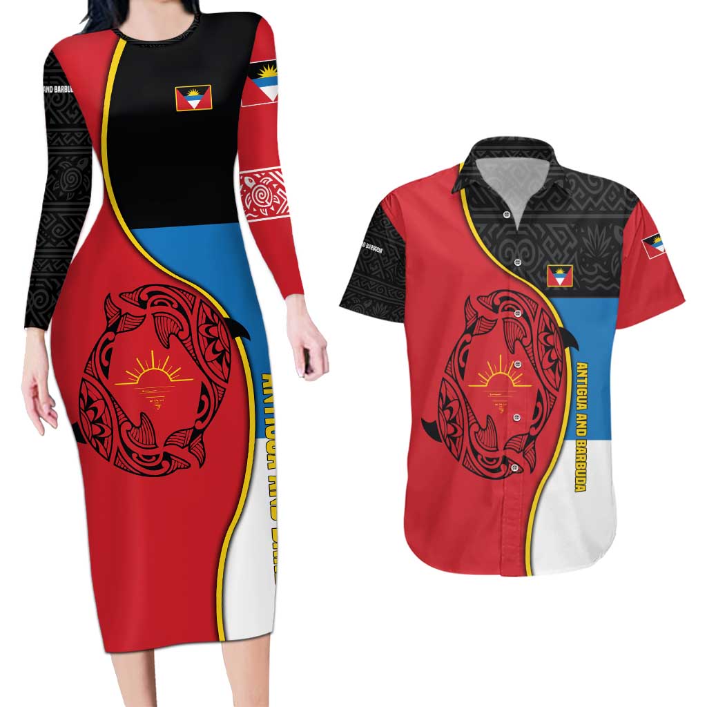 Antigua and Barbuda Tribal Couples Matching Long Sleeve Bodycon Dress and Hawaiian Shirt with Polynesian Dolphin Sun Design with National Flag Colors - Wonder Print Shop