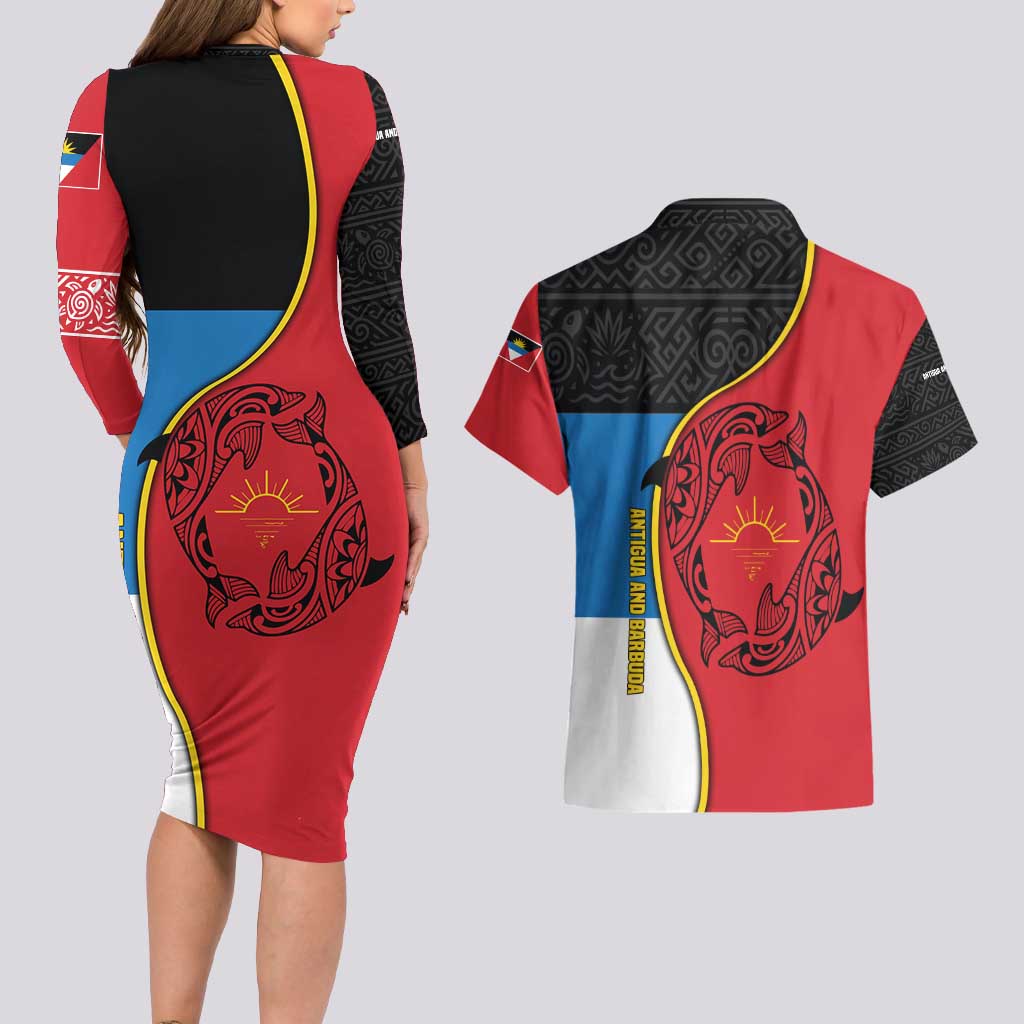 Antigua and Barbuda Tribal Couples Matching Long Sleeve Bodycon Dress and Hawaiian Shirt with Polynesian Dolphin Sun Design with National Flag Colors - Wonder Print Shop