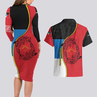 Antigua and Barbuda Tribal Couples Matching Long Sleeve Bodycon Dress and Hawaiian Shirt with Polynesian Dolphin Sun Design with National Flag Colors - Wonder Print Shop