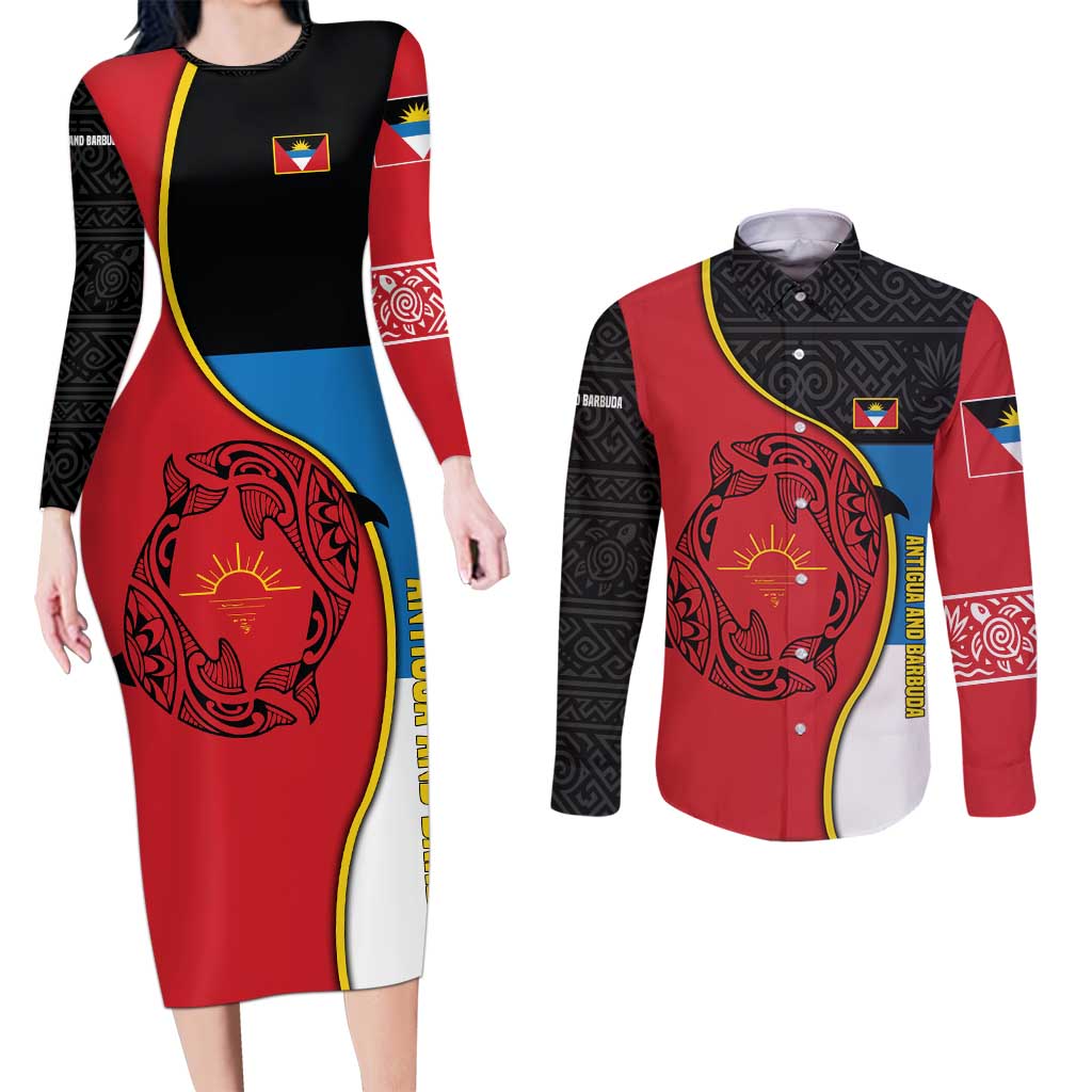Antigua and Barbuda Tribal Couples Matching Long Sleeve Bodycon Dress and Long Sleeve Button Shirt with Polynesian Dolphin Sun Design with National Flag Colors - Wonder Print Shop