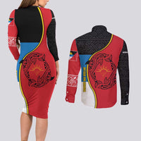 Antigua and Barbuda Tribal Couples Matching Long Sleeve Bodycon Dress and Long Sleeve Button Shirt with Polynesian Dolphin Sun Design with National Flag Colors - Wonder Print Shop