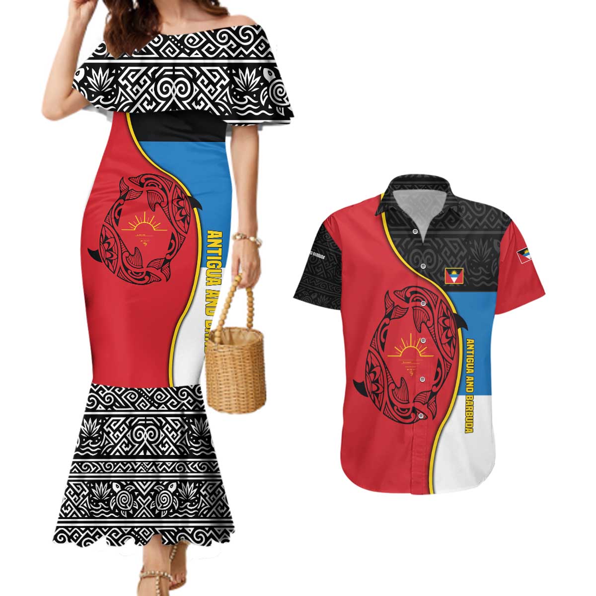 Antigua and Barbuda Tribal Couples Matching Mermaid Dress and Hawaiian Shirt with Polynesian Dolphin Sun Design with National Flag Colors - Wonder Print Shop