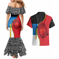 Antigua and Barbuda Tribal Couples Matching Mermaid Dress and Hawaiian Shirt with Polynesian Dolphin Sun Design with National Flag Colors - Wonder Print Shop