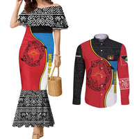Antigua and Barbuda Tribal Couples Matching Mermaid Dress and Long Sleeve Button Shirt with Polynesian Dolphin Sun Design with National Flag Colors - Wonder Print Shop