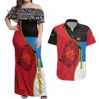 Antigua and Barbuda Tribal Couples Matching Off Shoulder Maxi Dress and Hawaiian Shirt with Polynesian Dolphin Sun Design with National Flag Colors - Wonder Print Shop