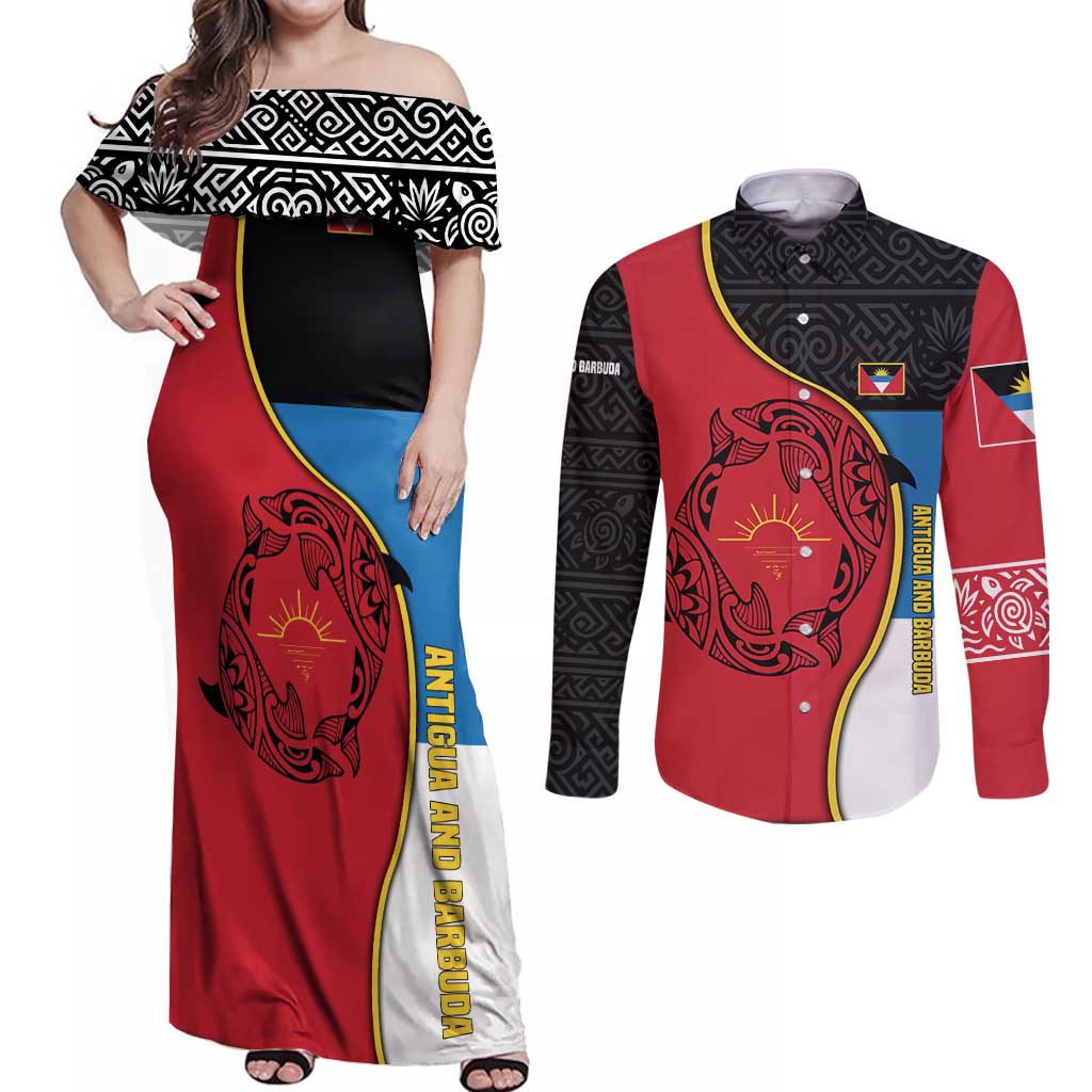 Antigua and Barbuda Tribal Couples Matching Off Shoulder Maxi Dress and Long Sleeve Button Shirt with Polynesian Dolphin Sun Design with National Flag Colors - Wonder Print Shop