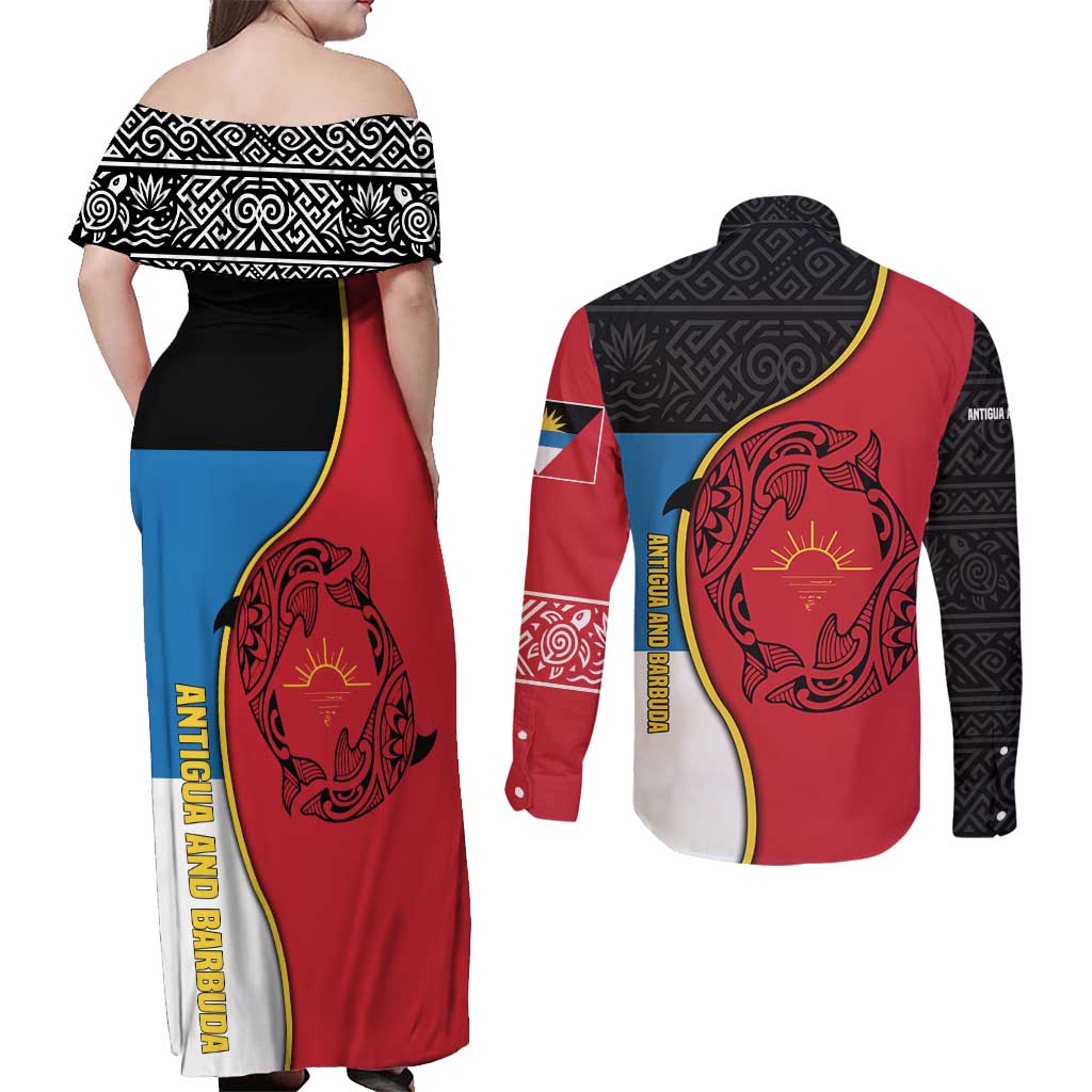 Antigua and Barbuda Tribal Couples Matching Off Shoulder Maxi Dress and Long Sleeve Button Shirt with Polynesian Dolphin Sun Design with National Flag Colors - Wonder Print Shop