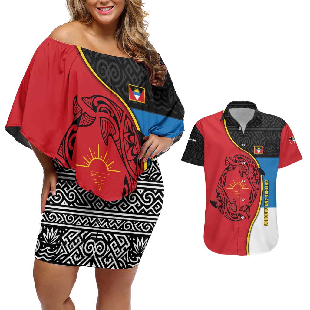Antigua and Barbuda Tribal Couples Matching Off Shoulder Short Dress and Hawaiian Shirt with Polynesian Dolphin Sun Design with National Flag Colors - Wonder Print Shop