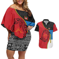 Antigua and Barbuda Tribal Couples Matching Off Shoulder Short Dress and Hawaiian Shirt with Polynesian Dolphin Sun Design with National Flag Colors - Wonder Print Shop