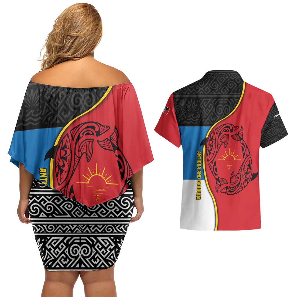 Antigua and Barbuda Tribal Couples Matching Off Shoulder Short Dress and Hawaiian Shirt with Polynesian Dolphin Sun Design with National Flag Colors - Wonder Print Shop
