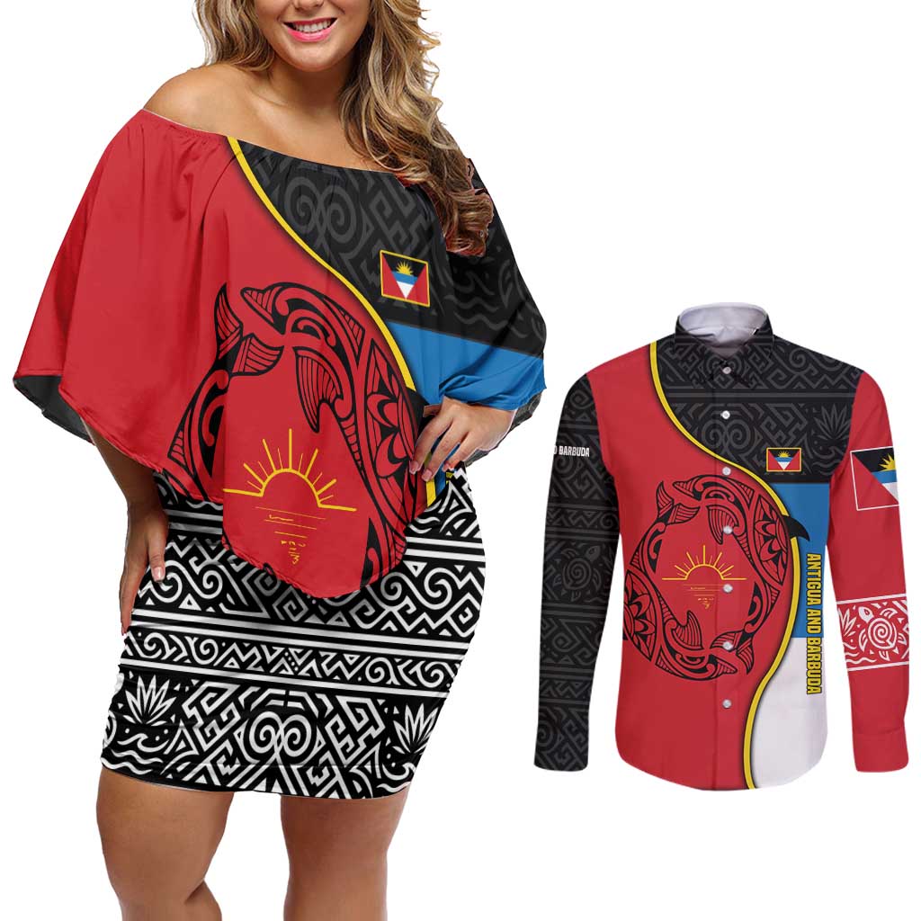 Antigua and Barbuda Tribal Couples Matching Off Shoulder Short Dress and Long Sleeve Button Shirt with Polynesian Dolphin Sun Design with National Flag Colors - Wonder Print Shop