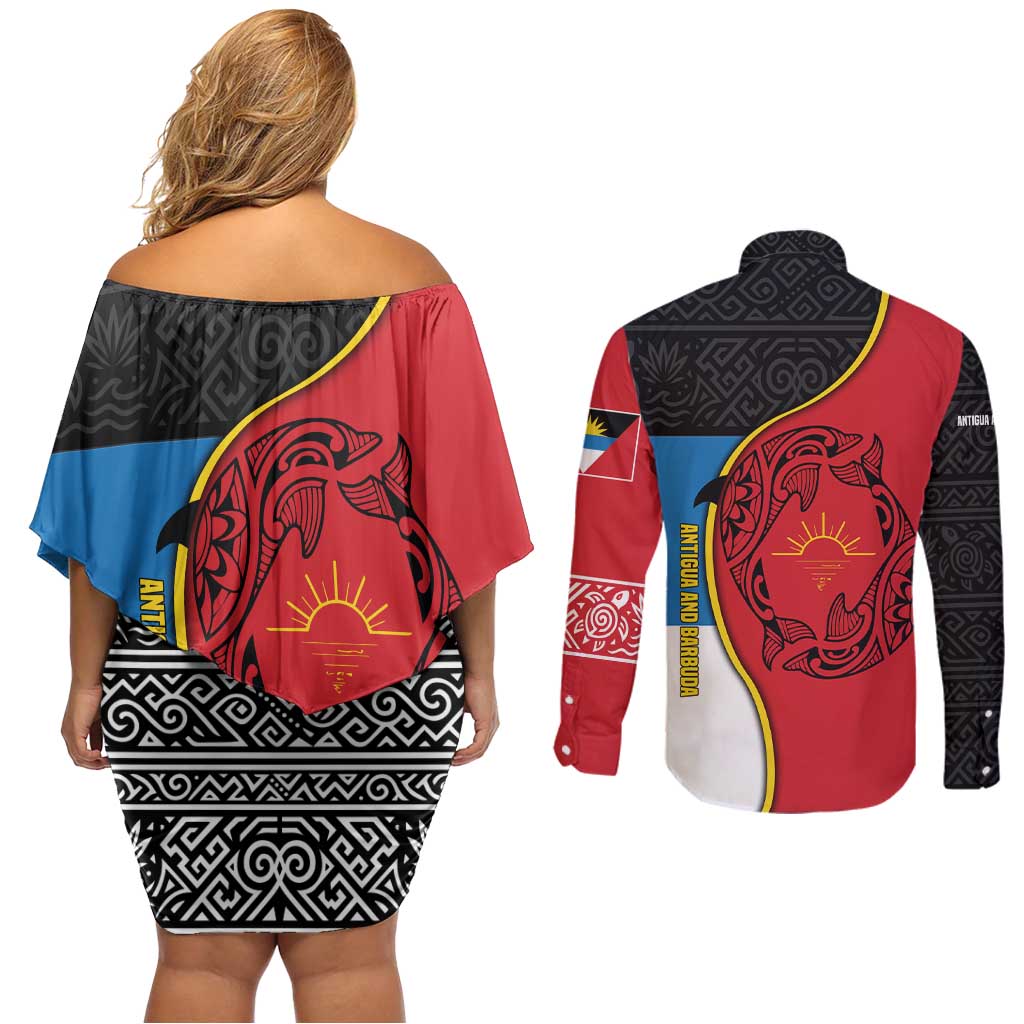 Antigua and Barbuda Tribal Couples Matching Off Shoulder Short Dress and Long Sleeve Button Shirt with Polynesian Dolphin Sun Design with National Flag Colors - Wonder Print Shop