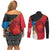 Antigua and Barbuda Tribal Couples Matching Off Shoulder Short Dress and Long Sleeve Button Shirt with Polynesian Dolphin Sun Design with National Flag Colors - Wonder Print Shop