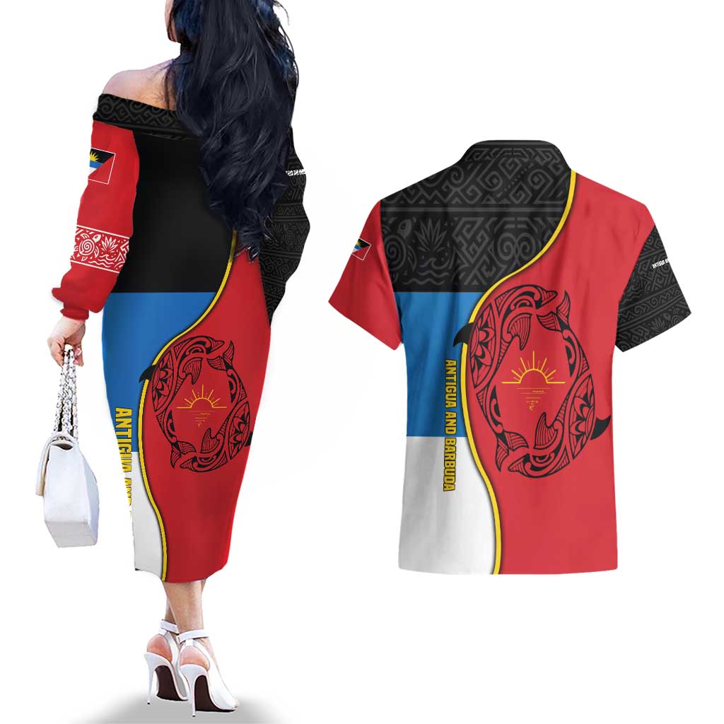 Antigua and Barbuda Tribal Couples Matching Off The Shoulder Long Sleeve Dress and Hawaiian Shirt with Polynesian Dolphin Sun Design with National Flag Colors - Wonder Print Shop