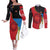 Antigua and Barbuda Tribal Couples Matching Off The Shoulder Long Sleeve Dress and Long Sleeve Button Shirt with Polynesian Dolphin Sun Design with National Flag Colors - Wonder Print Shop